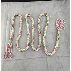 Vintage Flapper Beaded Necklace Lariat Green Pink White Faux Pearl 54"